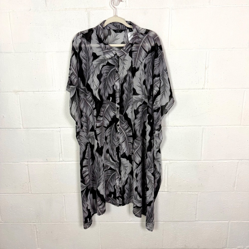 G by Giuliana Long Kimono Duster Plus SZ 2X Button Up Sheer Gray Tropical Leaves